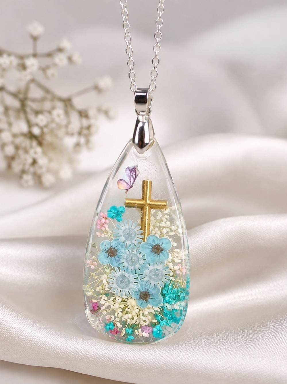 Bronze Cross Teardrop Pendant Necklace with Blue Flower Inlay